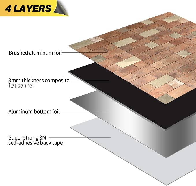 Yipscazo Peel and Stick Backsplash Tile, Stick on Stainless Steel Backsplash Metal Tiles for Kitchen Walls in Copper (12''x12'',20 Sheets)