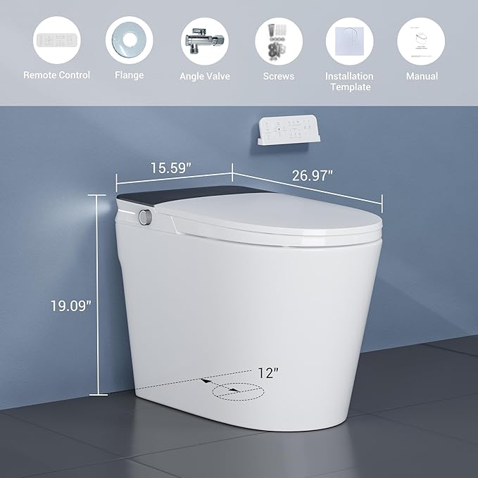 Smart Toilet with ADA Height, Bidet Built-In, Off-Seat Auto Flush, Foot-Sensor, Instant Hot Water and Warm Air Drying, LED Display, Toilet with Light Strip