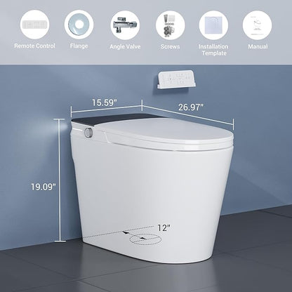 Smart Toilet with ADA Height, Bidet Built-In, Auto-Sensing Flip Lid, Off-Seat Auto Flush, Foot-Sensor, Instant Hot Water and Warm Air Drying, LED Display, Toilet with Light Strip