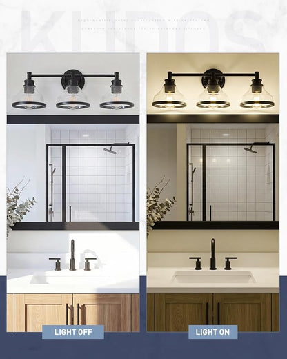 kudos 3-Light Matte Black Vanity Light, Clear Glass Shade | 24" bathroom light fixtures over mirror, upward or downward, E26 base, bulbs not included, Hardwired, KDVL20-BK-3