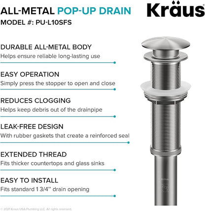 KRAUS Bathroom Sink Pop-Up Drain with Extended Thread for Thicker Countertops and Glass Sinks in Spot-Free Stainless Steel, PU-L10SFS