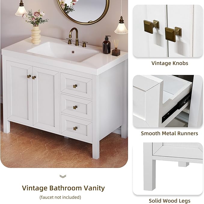 DWVO 42 Inch Bathroom Vanity with Sink, Modern Bathroom Storage Cabinet with Resin Basin, Three Holes, 2 Doors & 3 Drawers