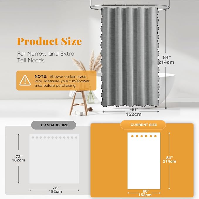 BTTN Boho Scalloped Linen Textured Cloth Shower Curtain, 60x84, Grey/Gray | Narrow Long Size, 230GSM Waterproof Polyester, Heavy Duty Fabric, 10 Plastic Hooks, Modern Farmhouse Style, Machine Washable
