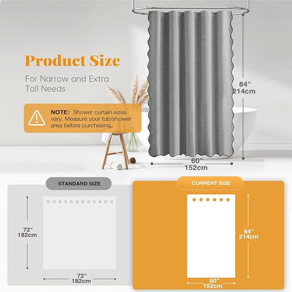 BTTN Boho Scalloped Linen Textured Cloth Shower Curtain, 60x84, Grey/Gray | Narrow Long Size, 230GSM Waterproof Polyester, Heavy Duty Fabric, 10 Plastic Hooks, Modern Farmhouse Style, Machine Washable