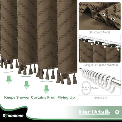 Dynamene Boho Farmhouse Shower Curtain, Brown Fabric Tufted Chevron Striped Textured Tassel Shower Curtains for Bathroom, Shabby Chic Waterproof Cloth Shower Curtain Set with Hooks, 72x72