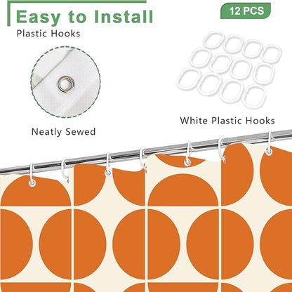 Orange Mid Century Modern Shower Curtain, Boho Abstract Geometric Retro Art Bath Curtains For Bathroom, Colorful Unique Pattern Waterproof Polyester Fabric Bathroom Accessories Set 12 Hooks 36X72IN
