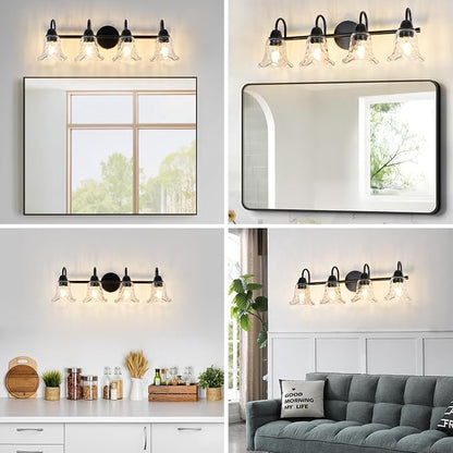Bathroom Light Fixtures over Mirror, 4 Lights Vintage Wall Sconces with Hammered Glass Shade, 26.8" Matte Black Farmhouse Bathroom Wall Light Fixtures for Bedroom, Porch, Hotel, Mirror Cabinet