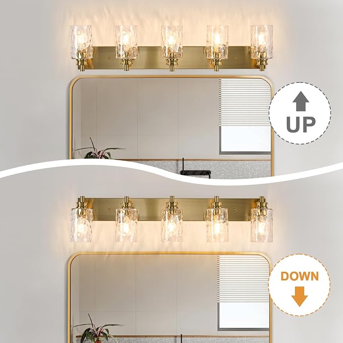 5 Light Bathroom Vanity Light Modern Brushed Gold Bathroom Light Fixtures Over Mirror with Hammered Glass Lampshade for Kitchen Hallway