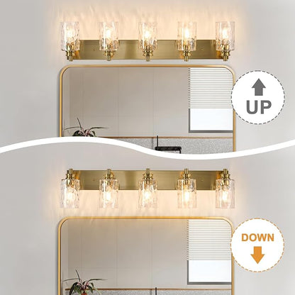 5 Light Bathroom Vanity Light Modern Brushed Gold Bathroom Light Fixtures Over Mirror with Hammered Glass Lampshade for Kitchen Hallway