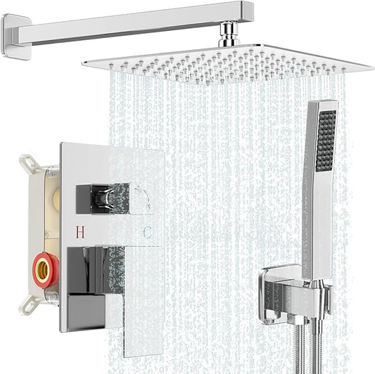 Shower Faucet Set Bathroom Square Rain Shower Head and Handle Set, Wall Mounted Shower Fixtures With Shower Valve and Trim Kit 12 inch Polished Chrom