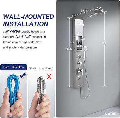 ROVATE LED Rainfall Waterfall Shower Panel Tower System with Shelf, Brushed Shower Column Stainless Steel with Powerful Mist and Massage Body Jets, Handheld, Waterfall Tub Spout