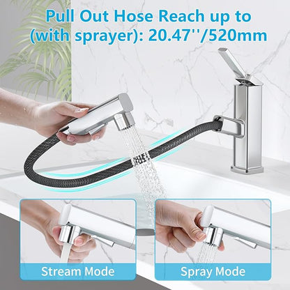 MIAOHUI Pull Out Single Hole Bathroom Faucet, 3 Spray Mode Single Handle Bathroom Faucets for Sink 1 Hole, Bathroom Sink Faucet with Pull Down Sprayer, Vanity Faucet with Fountain Mode, Chrome