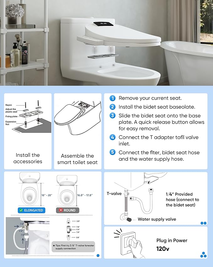 Electric Bidet Toilet Seat Elongated with Heated Seat, Warm Air Dryer, Endless Warm Water, Oscillating and Pulsating Spray Wash, Stainless Steel Self-Clean Nozzle (Bidet Toilet Seat Elongated 2)