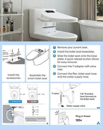 Electric Bidet Toilet Seat Elongated with Heated Seat, Warm Air Dryer, Endless Warm Water, Oscillating and Pulsating Spray Wash, Stainless Steel Self-Clean Nozzle (Bidet Toilet Seat Elongated 2)
