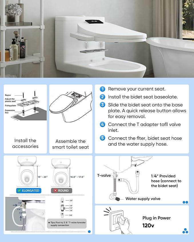 Elongated Bidet Toilet Seat, Smart Heated Toilet Seat with Warm Water and Dryer