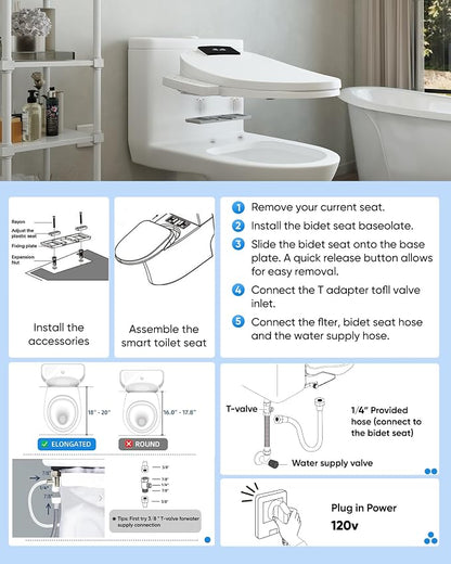 Elongated Bidet Toilet Seat, Smart Heated Toilet Seat with Warm Water and Dryer