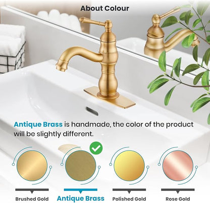 gotonovo Bathroom Faucet 1 Hole Vintage,Antique Brass,5.9” Spout Reach | Bathroom Sink Faucet for 1 or 3 Hole Single Handle,Deck Plate,360° Swivel Spout,Pop Up Drain,cUPC Supply Hoses,for Vanity RV