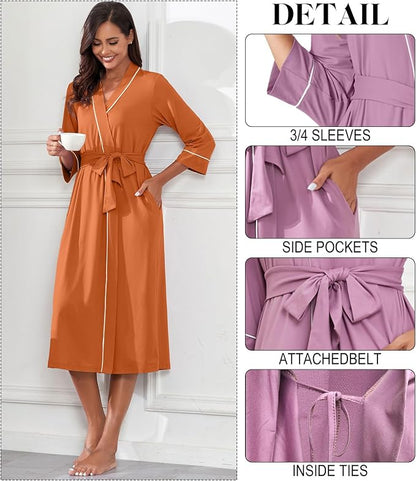 PrinStory Robes for Women 3/4 Sleeve Long Bath Robe XS-4XL | V-Neck Knit Bathrobe with Pockets, Lightweight, Soft, Breathable Robes for Shower, Spa, Travel, Home, Party, Nursing