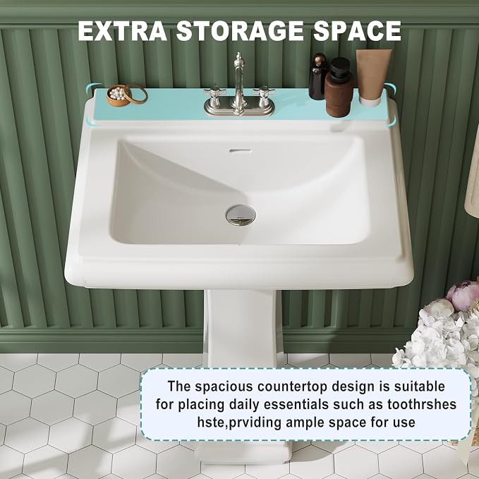 26 X 20 Inch Bathroom Pedestal Sink, Rectangular Ceramic Pedestal Bathroom Sink,White Porcelain Vanity with 3 Faucet Holes (4" Centers) & Overflow