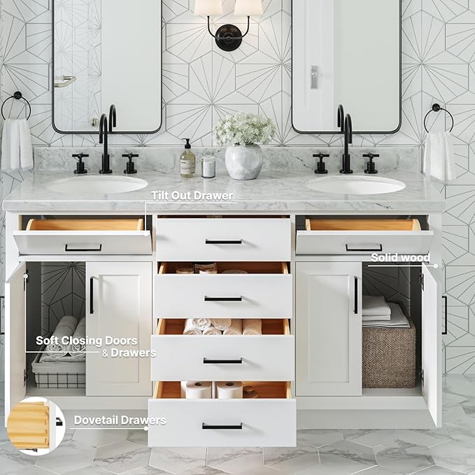 ARIEL Hepburn 66-inch Bathroom Vanity with Sink,Solid Wood, 1.5-inch Italian Carrara Marble Countertop & Backsplash, Double Oval Porcelain Sink, 4 Soft Closing Doors, 6 Dovetail Drawers, White