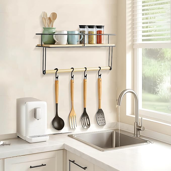 Wall-Mounted Wooden Shelf with Hand Towel Holder – Space-Saving Hanging Bathroom Organizer & Towel Rack - Perfect for Shower Corner, Kitchen, Toilet - Matte Black