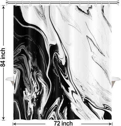 Black and White Shower Curtain, Modern Abstract Black Marble Shower Curtain for Bathroom Aesthetic Ink Texture Waterproof Shower Curtain Set with Hooks, 72x84 Inch