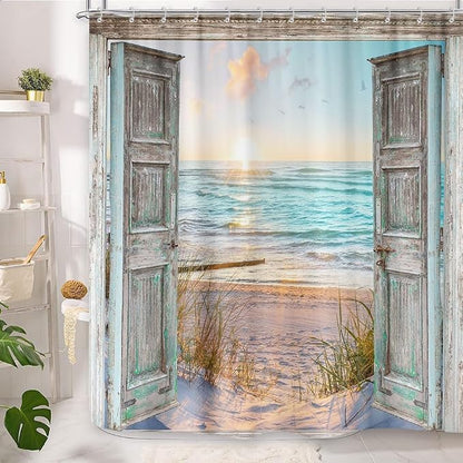 Boho Beach Coastal Shower Curtain, Teal Ocean Sunrise Seaside Seascape Nautical Beachy Shower Curtain Set, Rustic Barn Door Seashore Fabric Shower Curtain for Bathroom 12 Hooks, 72"×84" Turquoise