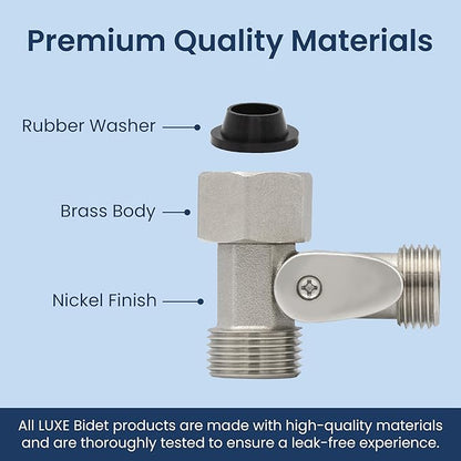 LUXE Bidet 7/8" x 7/8" x 1/2" Shut-Off Valve T-Adapter for Bidets, Only Compatible with NEO Series Bidet Attachments (Teardrop Lever, Nickel Finish)