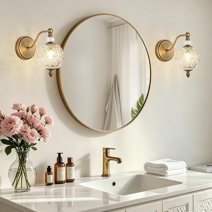1 Piece Vintage Wall Sconce, 1-Light Mid Century Matte Antique Brass Finish Wall Sconce with Globe Glass Shade, Retro Light for Bathroom, Bedroom, Living Room,Powder Room