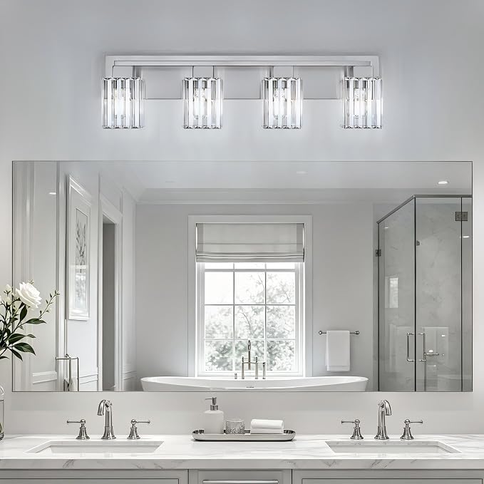 Brushed Nickel Bathroom Light Fixtures, 4-Light Vanity Light Over Mirror | Wall Sconces with Square Crystal Shades, E26 Socket, Modern Vanity Lights for Bathroom (Bulbs Not Included)
