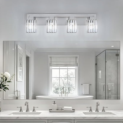 Brushed Nickel Bathroom Light Fixtures, 4-Light Vanity Light Over Mirror | Wall Sconces with Square Crystal Shades, E26 Socket, Modern Vanity Lights for Bathroom (Bulbs Not Included)
