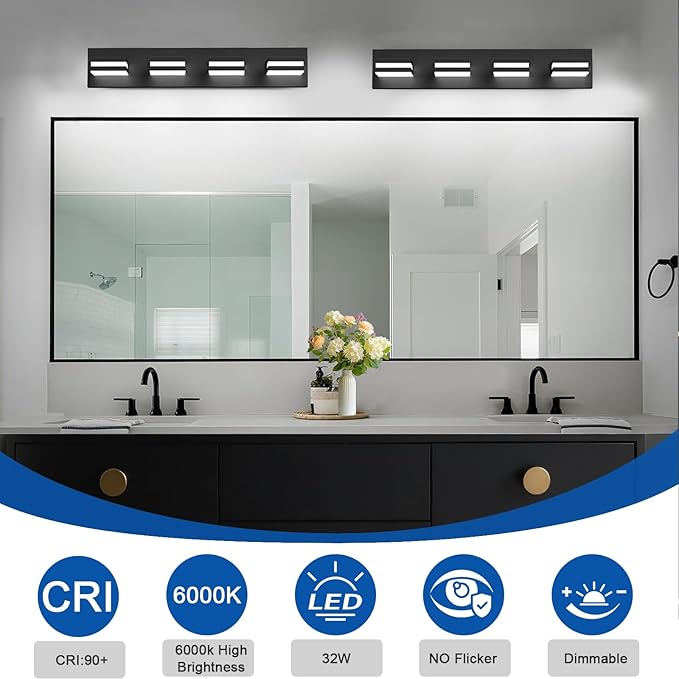 IZORRO LED Modern Bathroom Lights Fixtures(4-Light,Dimmable),Matte Black Acrylic Wall Lighting,Vanity Lights for Bathroom Over Mirror - 6000k 24In （No Assembly Required）