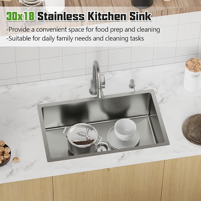 Kitchen Sink, 30x18 Inch Stainless Steel Undermount Modern Single Bowl Drop In Kitchen Sink Combo-Silicon Mat,Drain Strainer Set Offering Large Basin And Compatibility With Various Kitchen&Bar Style