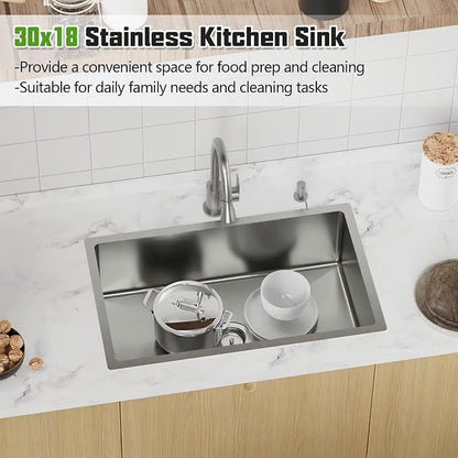 Kitchen Sink, 30x18 Inch Stainless Steel Undermount Modern Single Bowl Drop In Kitchen Sink Combo-Silicon Mat,Drain Strainer Set Offering Large Basin And Compatibility With Various Kitchen&Bar Style