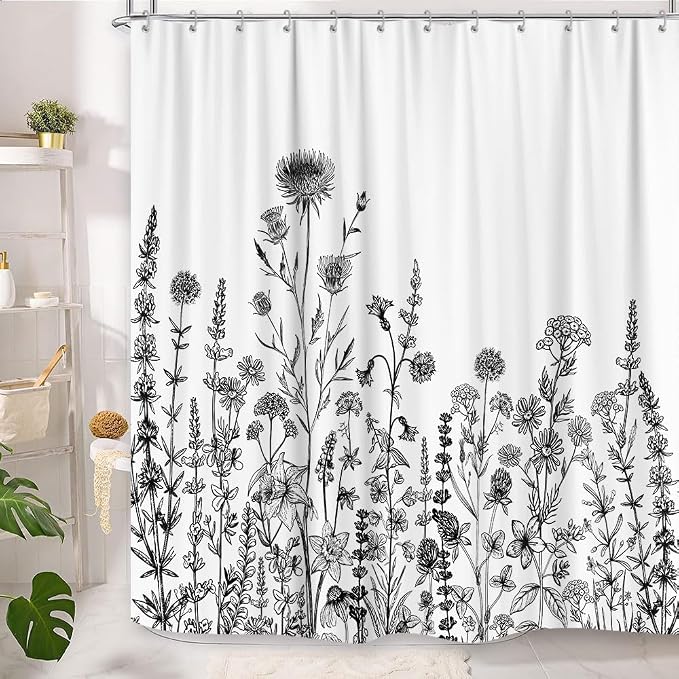 GOAOK Vintage Boho Shower Curtain Black and White Theme, Floral Aesthetic Dark Wildflower Botanical Flowers Shower Curtain for Bathroom with Hook, Farmhouse Plant Art Chic Shower Curtain 72X78