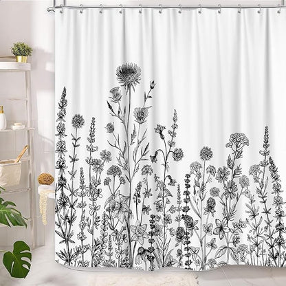 GOAOK Vintage Boho Shower Curtain Black and White Theme, Floral Aesthetic Dark Wildflower Botanical Flowers Shower Curtain for Bathroom with Hook, Farmhouse Plant Art Chic Shower Curtain 72X78