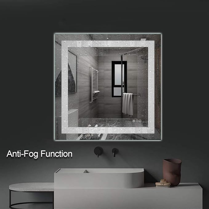 LED Bathroom Mirror 36"X36" with Front Light and Backlit | Stepless Dimmable, Anti-Fog, Shatter-Proof, HD Reflection, Memory, 3 Colors Lighting Square Mirror, UL Listed
