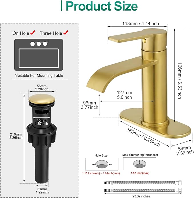VOTON Waterfall Bathroom Faucet Brushed Gold, Single Handle 1 or 3 Hole Modern Sink Faucet with Deck Plate & Pop-Up Drain, RV Camper Vanity Washbasin Tap