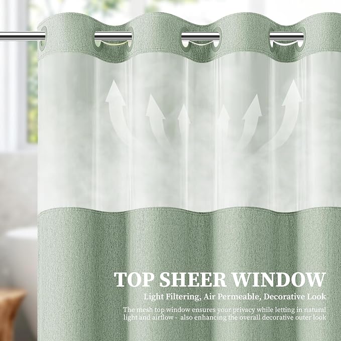 Sage Green Ringless Linen Look Shower Curtain with Snap in Liner 72x75 | 3 in 1 Hotel Shower Curtain Set, Removable Liner, Waterproof & Washable, Mesh Top Window, Durable Fabric, Easy to Install