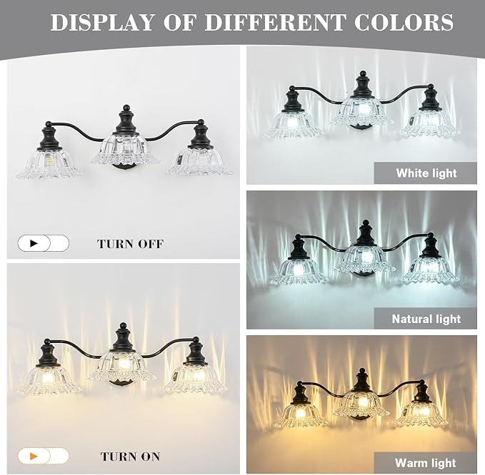 Black Bathroom Light Fixtures Over Mirror, 3 Light Vintage Bathroom Vanity Light Fixture with Clear Flower Glass Shades, Retro Vanity Lights for Bathroom, Bathroom Vanity Lights Over Mirror