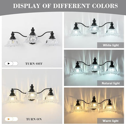 Black Bathroom Light Fixtures Over Mirror, 3 Light Vintage Bathroom Vanity Light Fixture with Clear Flower Glass Shades, Retro Vanity Lights for Bathroom, Bathroom Vanity Lights Over Mirror