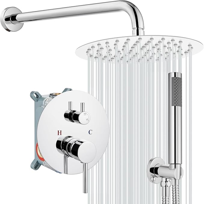 gotonovo Shower System 10 Inch Round Rainfall Showerhead Wall Mounted High Pressure Shower Faucet Set Fixture Combo with Rough in Valve and Cylindrical Handheld Spray, Polish Chrome