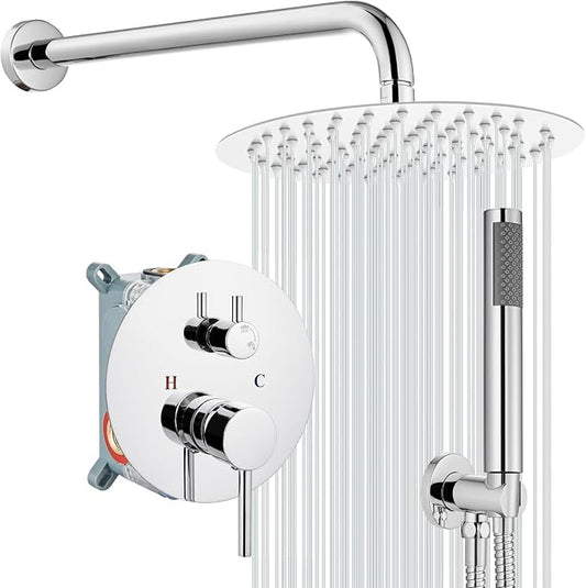 gotonovo Shower System 10 Inch Round Rainfall Showerhead Wall Mounted High Pressure Shower Faucet Set Fixture Combo with Rough in Valve and Cylindrical Handheld Spray, Polish Chrome