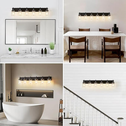 6-Light Black Bathroom Light Fixture Over Mirror Modern Farmhouse Bathroom Vanity Light Vintage Wall Lighting with Clear Glass Shade for Bathroom, Bedroom, Hallway, Cabinet