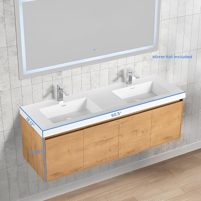 Blossom 60 Inch Wall Mounted Bathroom Vanity with Sink | Floating Wood Vanity Cabinet | Modern Soft-Close Doors & Storage | Space-Saving Design (Classic Oak, 60'' Acrylic Double Sink)