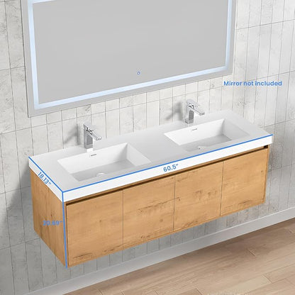 Blossom 60 Inch Wall Mounted Bathroom Vanity with Sink | Floating Wood Vanity Cabinet | Modern Soft-Close Doors & Storage | Space-Saving Design (Classic Oak, 60'' Acrylic Double Sink)
