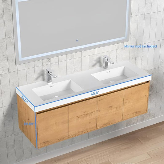Blossom 60 Inch Wall Mounted Bathroom Vanity with Sink | Floating Wood Vanity Cabinet | Modern Soft-Close Doors & Storage | Space-Saving Design (Classic Oak, 60'' Acrylic Double Sink)