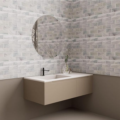 Peel and Stick Subway Tile 10-Sheet Kitchen Wall Backsplash White Blue Marble Tile Heat Resistant Self-Adhesive 12''x12'' Waterproof Glossy Wall Panel Vinyl for Bathroom Living Room Renter