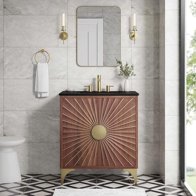 Modway Daylight Bathroom Vanity Cabinet with Ceramic Sink Basin, 30 Inch, Black Walnut