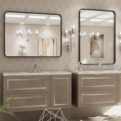 LOAAO 32x36 Inch Black Bathroom Mirror Metal Framed | Matte Black, Rounded Rectangle, Anti-Rust, Tempered Glass, Hangs Horizontally or Vertically, Wall-Mounted